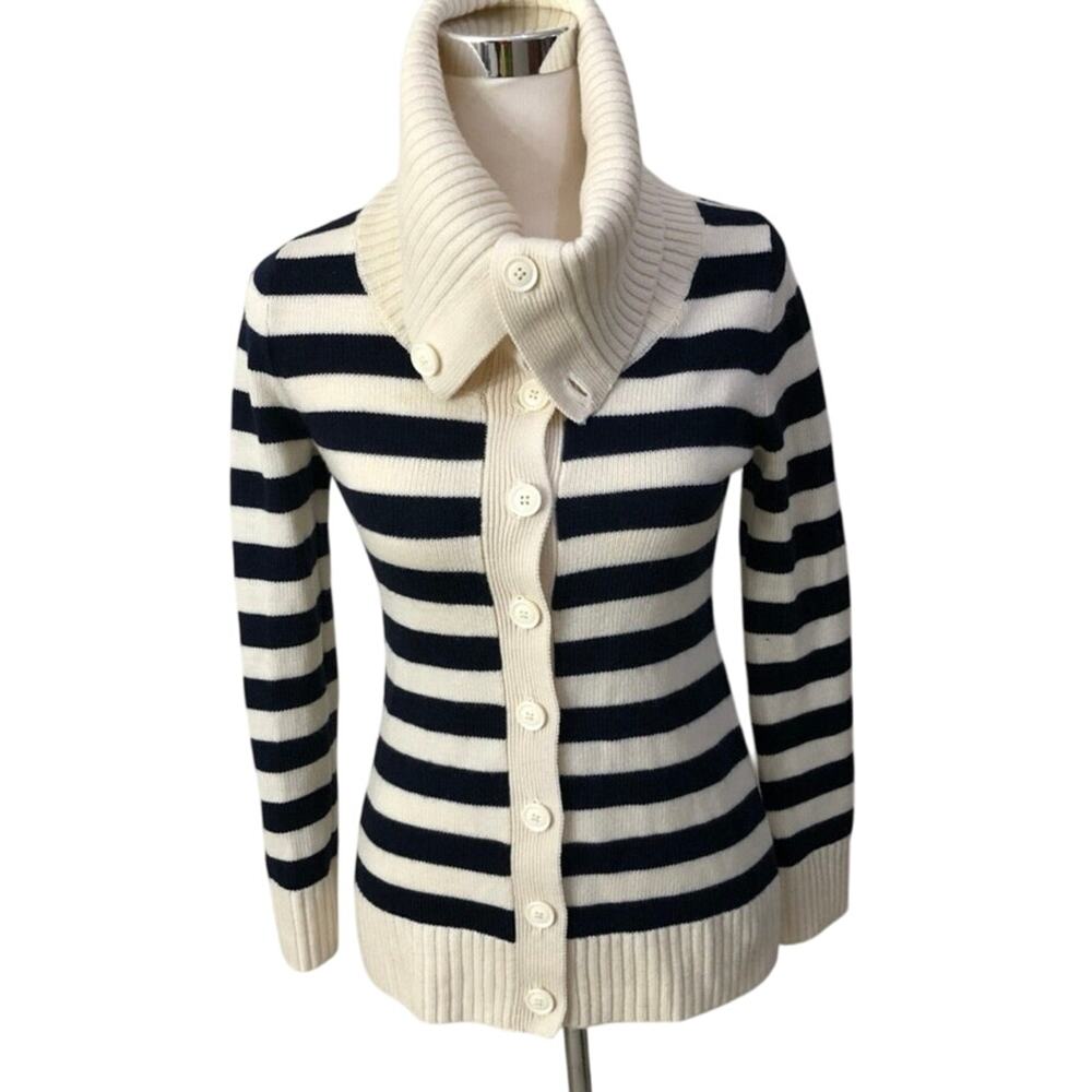 Banana Republic Cardigan Nautical Sailor Collar Women’s XL Cream/Navy Merino